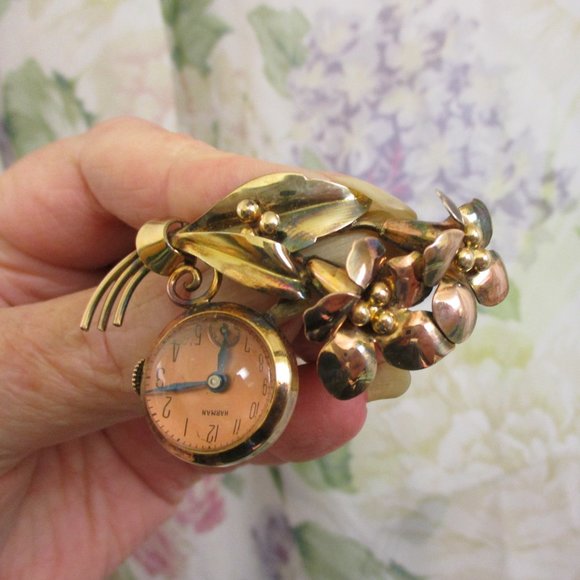 HARMAN Sterling Vermeil Mechanical Watch Brooch ~ 1930s Floral Wind Up Watch Pin - Picture 3 of 14